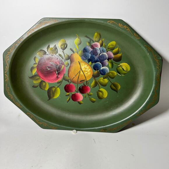 Vintage Nash Company Metal Tray Tole Painting Fruit Olive Green 14 Inch MCM - Picture 1 of 10